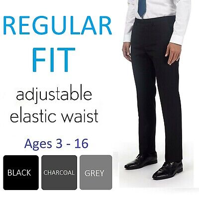 Boys School Trousers Adjustable Waist Black Charcoal Grey Navy Age 3-16