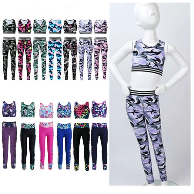 Girls Gym Sports Outfits Stretchy Yoga Ballet Bra Top+Legging Fitness Dance Set