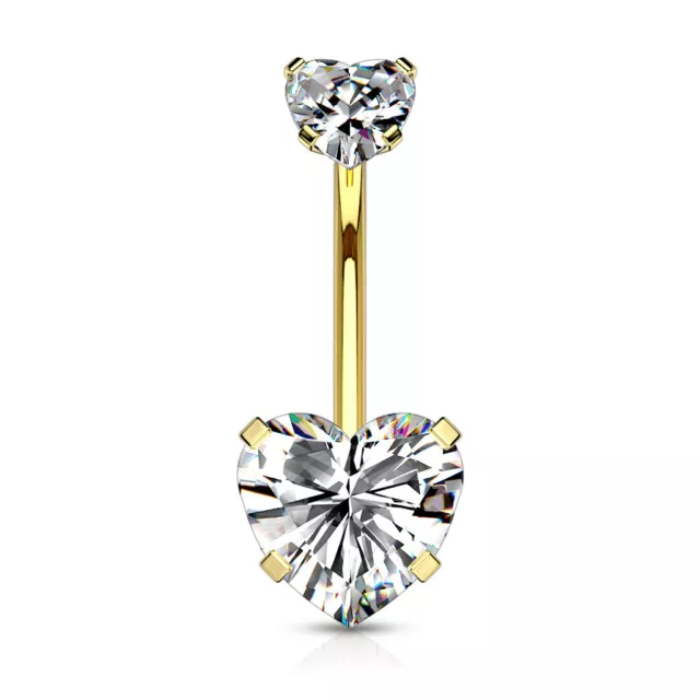 Double Heart CZ Surgical Steel Prong Set 14GA Navel Belly Ring Gold / Clear