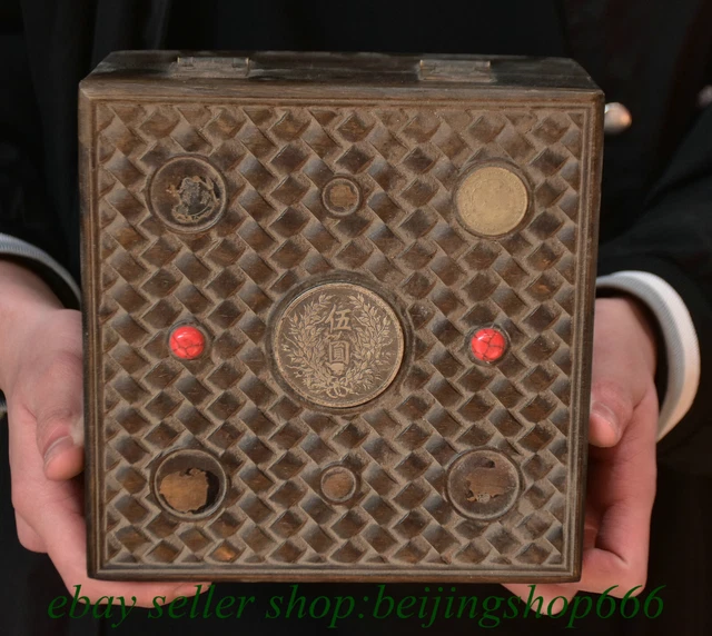 7.2" Old Chinese Huanghuali Wood Gems silver dollar Storage Jewelry Box