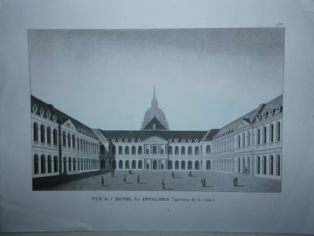 gravure  mi XIXeme vue  hotel des invalides interieur cour    paris