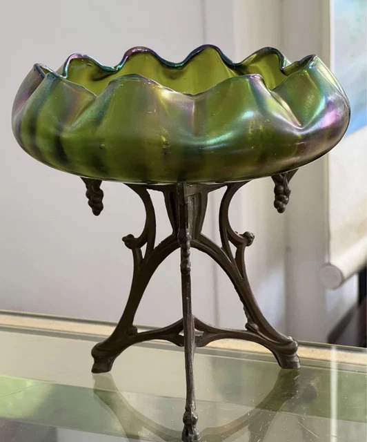 Antique Austrian Art Nouveau LOETZ Iridescent Glass Bowl On Bronze Stand Holder