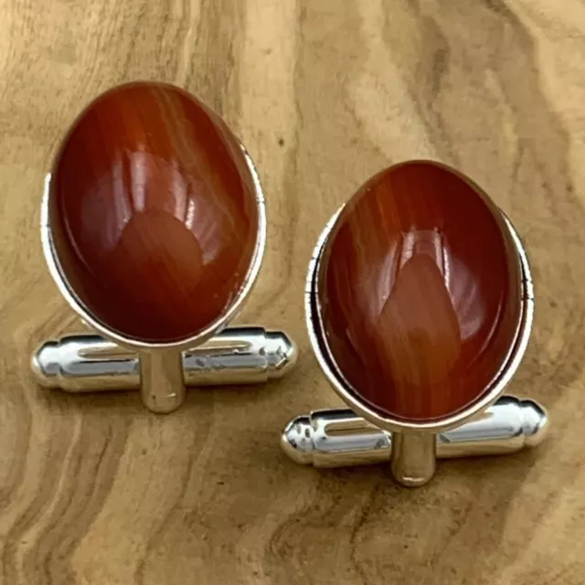 New Handmade Cufflinks Red Oval Agate Cabochon Gemstone Silver Plate