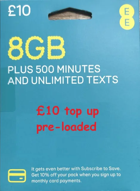 EE network pay as you go sim card pre-loaded with £10 top up -- official pack