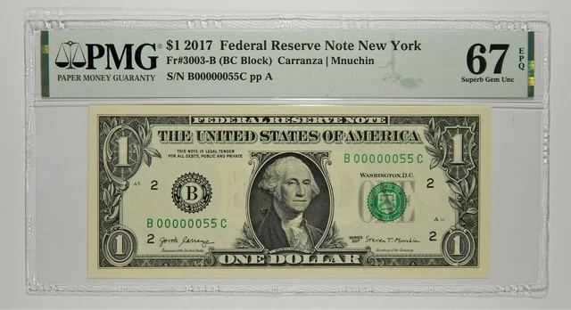 2017 $1 Fancy Serial Number LOW 2 Digit! 00000055 PMG 67 EPQ