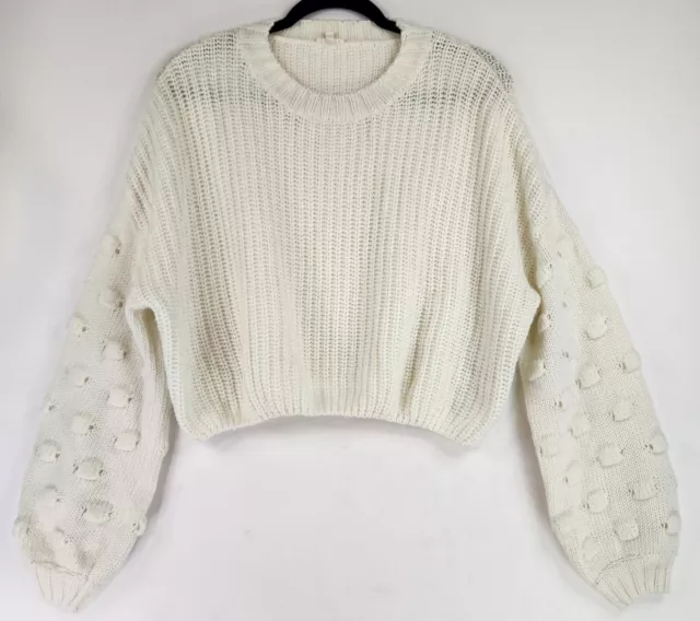 En Creme Sweater Womens Medium Ivory Oversized Cropped Preppy Bubble Sleeve Top