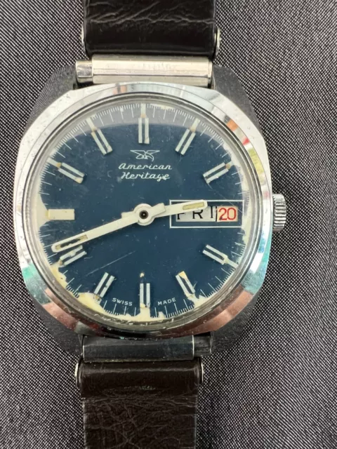 Vintage Men's American Heritage Wristwatch Wind Up Blue Dial Not Working 34mm