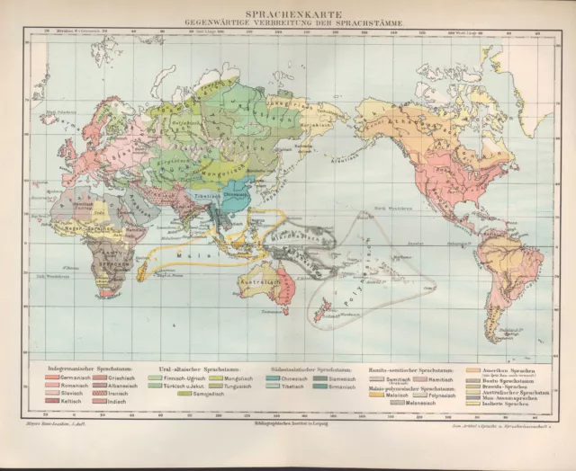 Landkarte map 1897: Sprachenkarte Gegenwärtige Verbreitung der Sprach-Stämme.