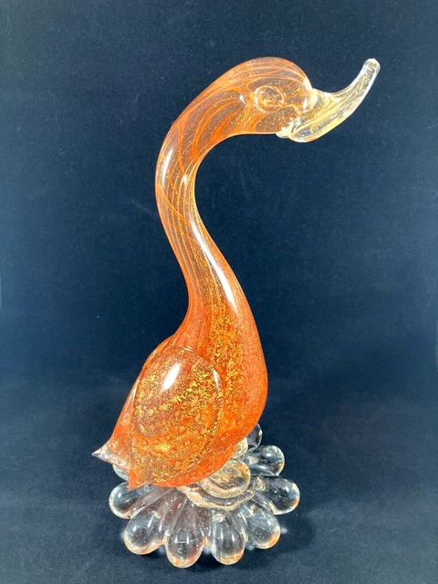 Mid Century Venetian Italian Murano Glass Bird Duck Gold Inclusions Orange