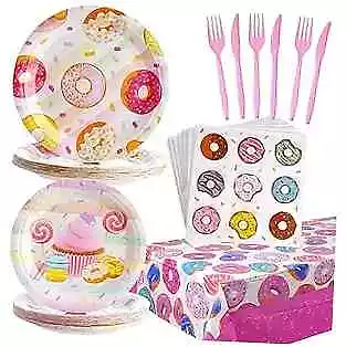 126PCS Donut Party Tablewares, Sweet Donut Party Decorations Paper Dinnerware