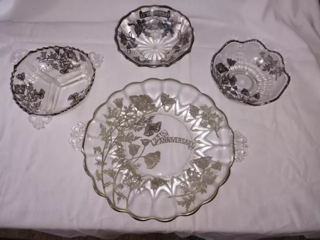 Vintage 4 Piece 25Th Anniversary Service Set - Silver Overlay Plate And Bowls