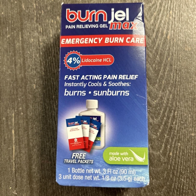 BURN JEL MAX Pain Relieving Gel 3oz + 3 Emergency Burn Care Packets EXP
