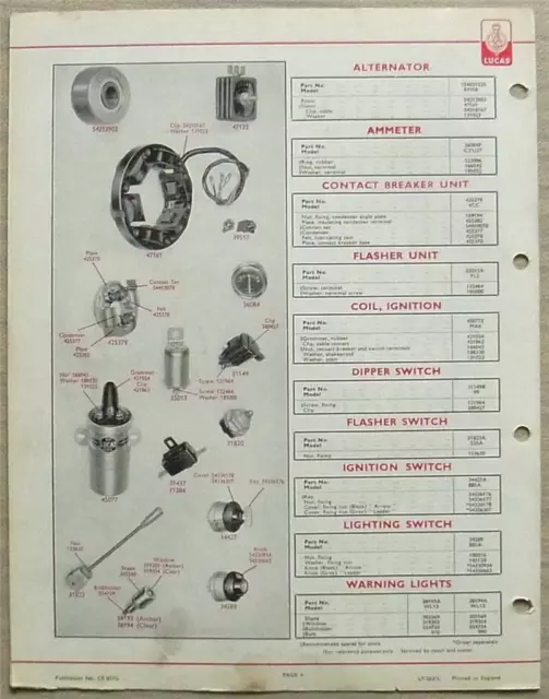 LUCAS ARIEL MOTOR CYCLES Equipment & Spare Parts List 1962 #CE 827G Arrow LEADER 3