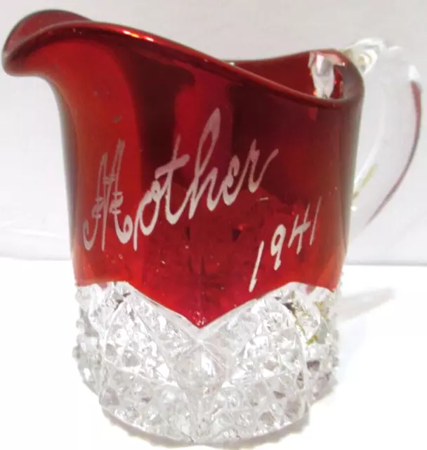 EAPG Duncan & Miller Creamer Pitcher MOTHER 1941 Button Arches Ruby Red Flashed