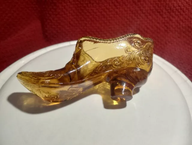 Vintage Mosser Amber Glass Bow & Scroll Boot Slipper Shoe Heel 4-1/2” x 2-1/4”