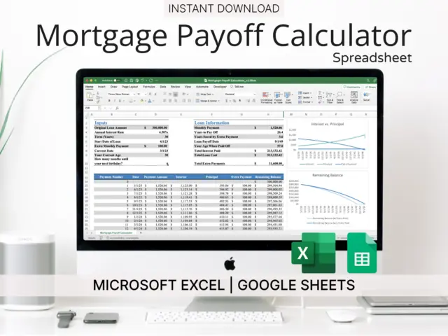Mortgage Payoff Calculator Spreadsheet (Blue) for Microsoft Excel/Google Sheets