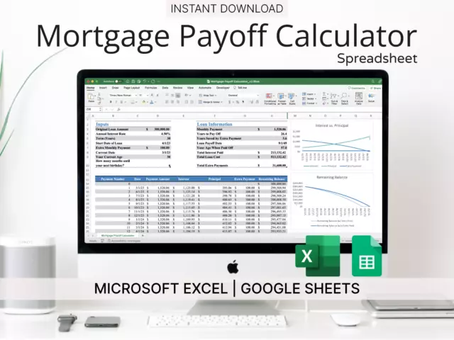 Mortgage Payoff Calculator Spreadsheet (Blue) for Microsoft Excel/Google Sheets