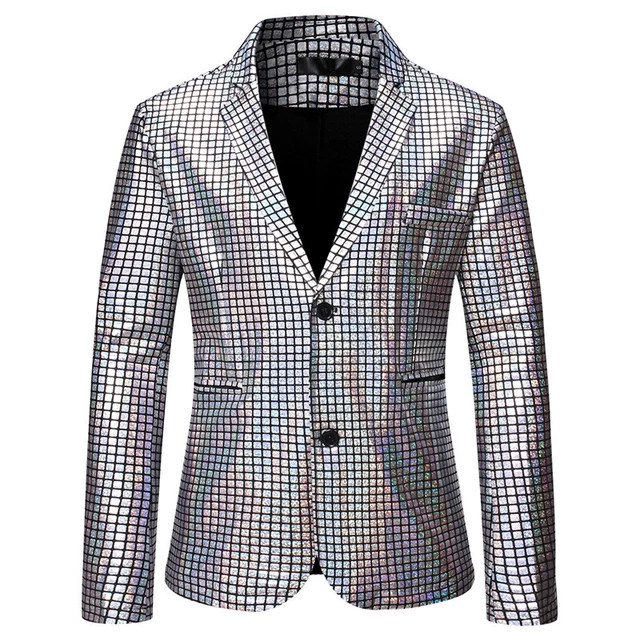 Uomo Quadri Metallizzato Lucido Giacca Abito Cappotto Festa Showman Costume Slim