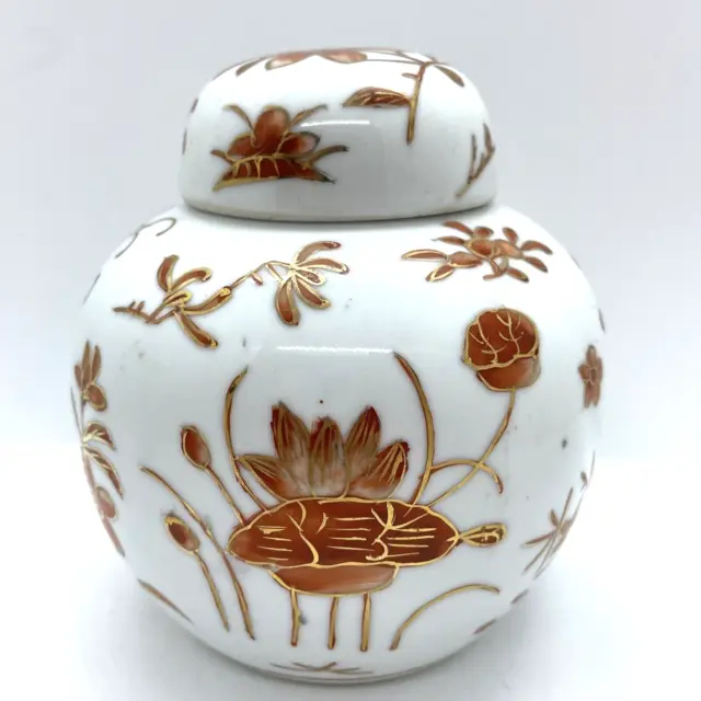 ACF Hong Kong Japanese Porcelain Orange White Floral Ginger Jar Urn Hand Painted