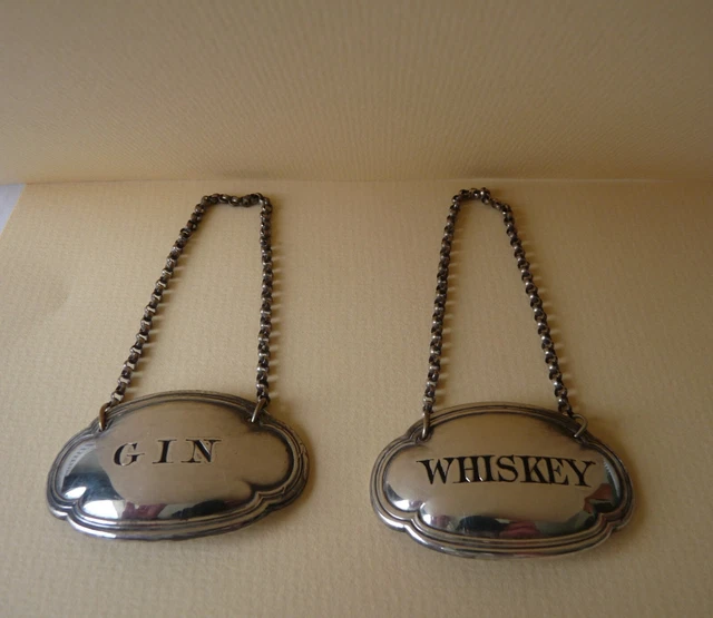 ANTIQUE VINTAGE DECANTER Bottle Labels GIN & WHISKEY Silver Plate £15.