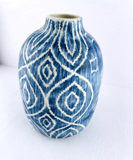 Blue Teal White Pottery Vase Small Neck Coastal Boho Decor  Made In Thailand