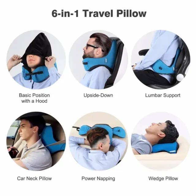 6-in-1 Neck Pillow Long Haul Astronaut Memory Foam Travel Detachable Hood Adjust
