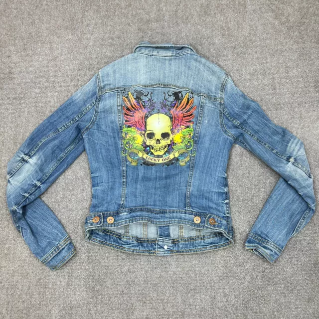 H&M Denim Jacket Womens Size 6 Blue Jean Skulls Button Up Stretch Distressed