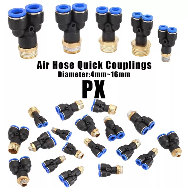 Pneumatic Y Splitter M5 1/8" 1/4" 3/8" 1/2" Hose Air Push Quick Connect Fitting