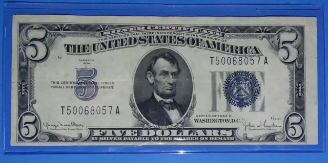 *1934-D ! $5 Silver Certificate! Vf. Circ. ! Old Us !  Nice !