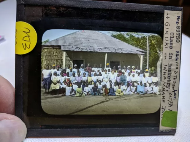 HISTORIC Colored Glass Magic Lantern Slide EDN Basket Class GIKUKI INHAMBANE BAY