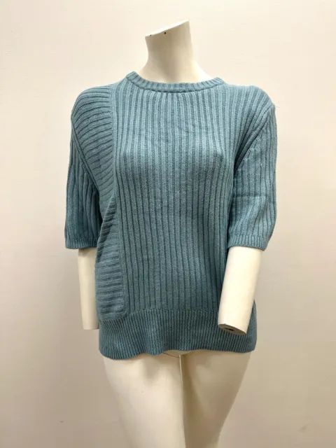 M&S Size 24 Blue Chunky Ribbed Short Sleeve Jumper Cotton Polyamide