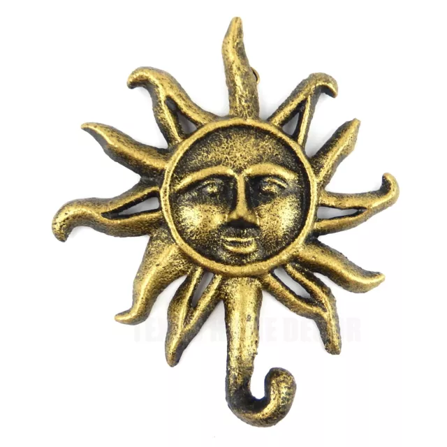 Sun Face Key Holder Hook Cast Iron Wall Mounted Antique Bronze Gold Finish