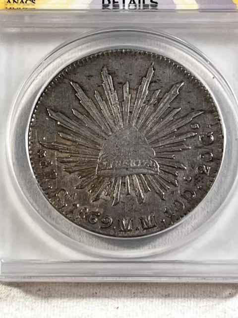 1869-Ca MM Mexico 8 Reales Silver Coin Graded AU 53 Details Cleaned by ANACS