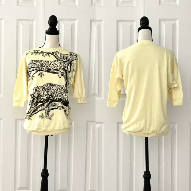 Vtg 80s Leopard Top Yellow Bat Wing Short Sleeve Cotton Blend Size Small