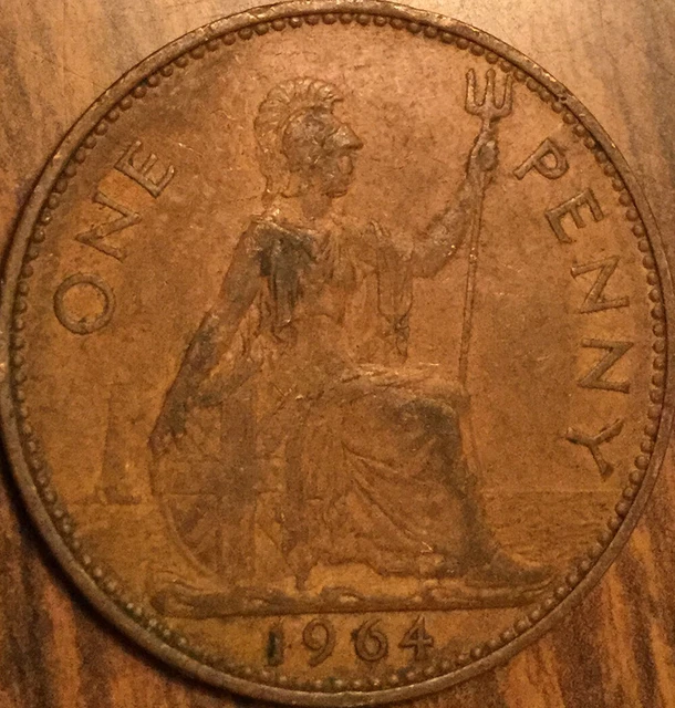 1964 Uk Gb Great Britain One Penny Coin