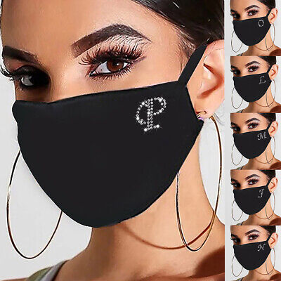 Fashion Women Crystal Glitter Rhinestone Letter Bling Reusable Face Mask Cover