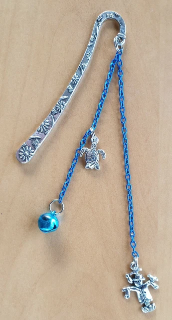 New Antique Silver Metal Bookmark with Blue Bell & Chain, and 2 Charms