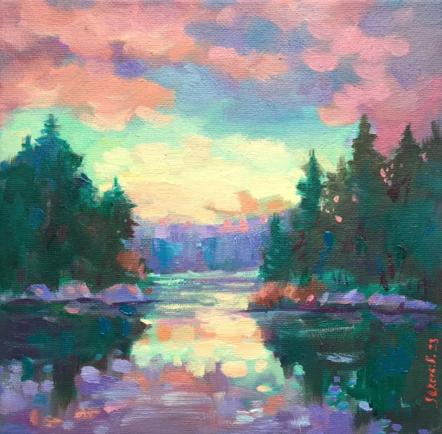 Oil Painting Landscape Michigan forest lake Scene On canvas Signed artist 8x8”