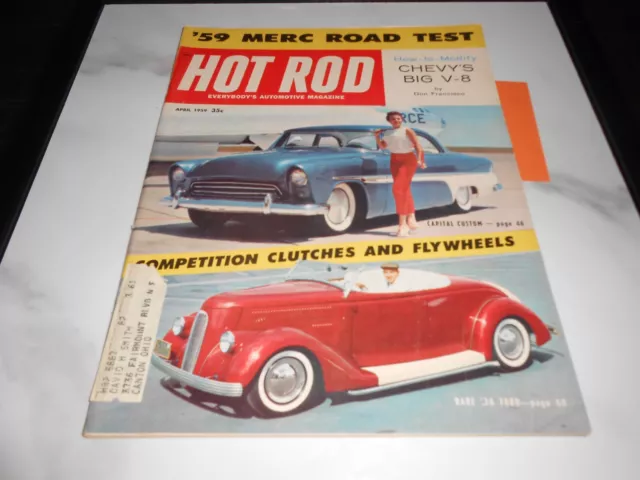 Hot Rod April 1959, 59 Merc Road Test, Chevy V8, Rare 36 Ford, Customs