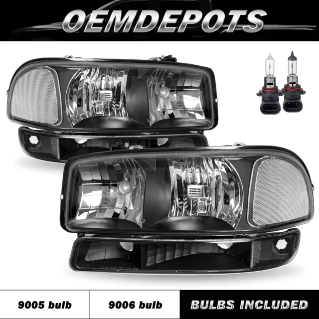 For 1999-2007 GMC Sierra Yukon Black Clear Headlights+Bumper Lamps w/ Bulbs L+R