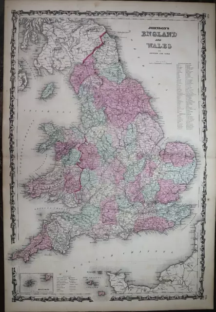 1862 Johnson's Atlas Map ~ ENGLAND - WALES  (XL18x28)   Free S&H  -#854