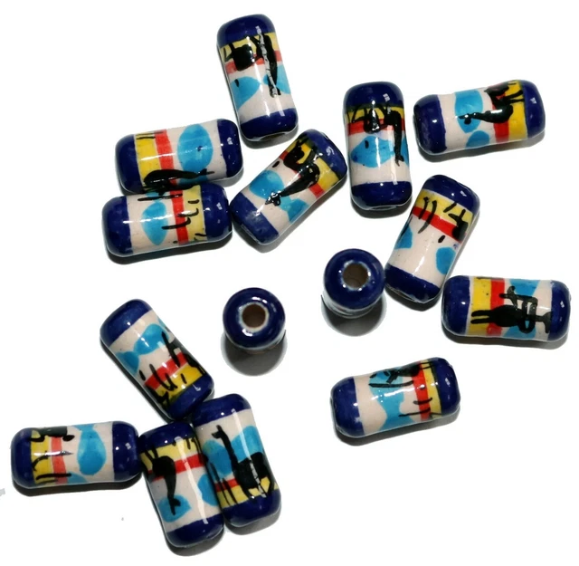 20 handbemalte Keramik Perlen, 14 mm, Walze Zylinder blau weiß, Inka Lama Peru