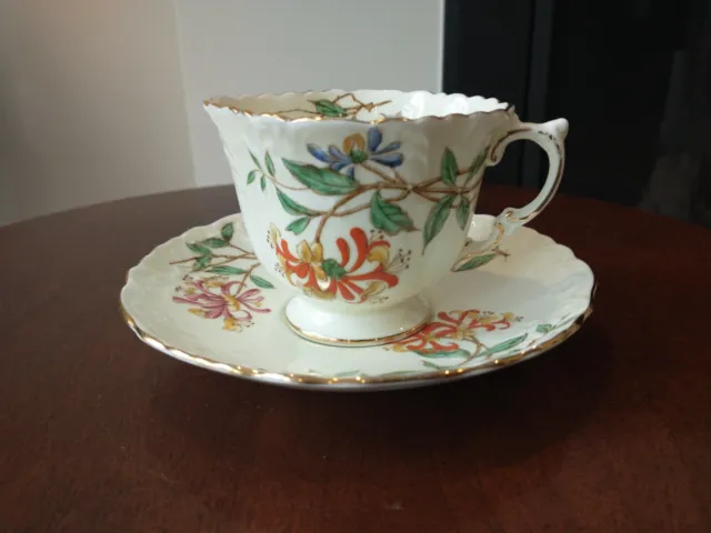 Vintage Aynsley Honeysuckle Flowers Ornate Handle Tea Cup & Saucer