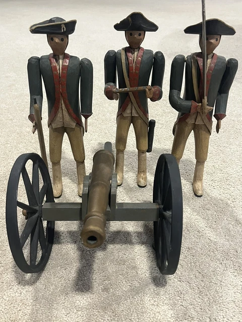 Three French Napoleon Soldiers Hand Carved Wood Figurines Moving Arms&Cannon '87 2