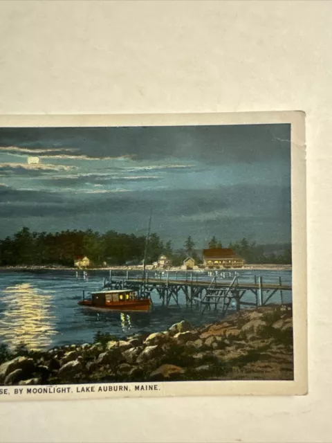 BOAT LANDING AND ClubHouse By Moonlight, lake Auburn, Maine Vtg White ...