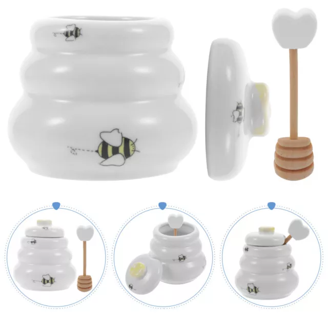 Ceramic Honey Pot with Lid and Dipper Stick for Home Kitchen