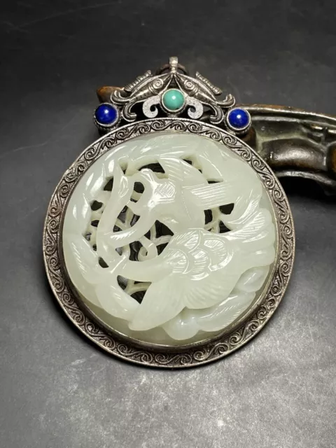 Chinese Exquisite Handmade Crane carving Silver Inlaid Hetian Jade Pendant