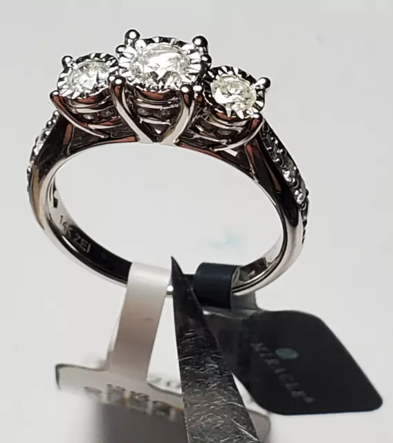 NWT 14K WHITE GOLD DIAMOND 3-STONE RING-SIZE 7-1ctw-585 TRUMIRACLE-FREE US SHIP