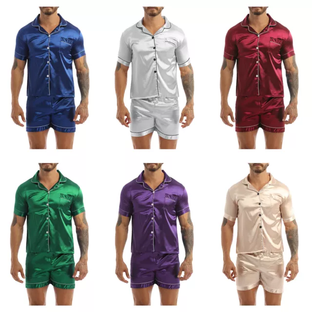 Men's Short Sleeve Satin Pajama Set with Shorts Classic Sleepwear Loungewear