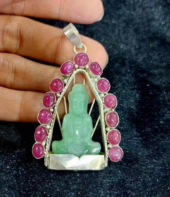 Gorgeous carved Old Burmese Jade Kuan Yin Guan In Sterling Silver Ruby Pendant
